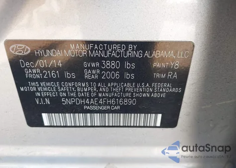 2015 Hyundai Elantra Se from USA, damaged, VIN 5NPDH4AE4FH616890